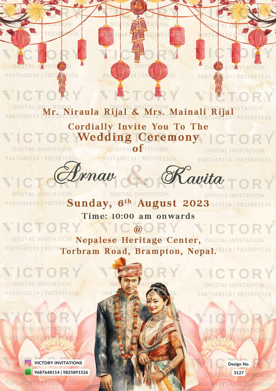 Wedding ceremony invitation card of hindu Nepali family in english language with floral theme design 3127