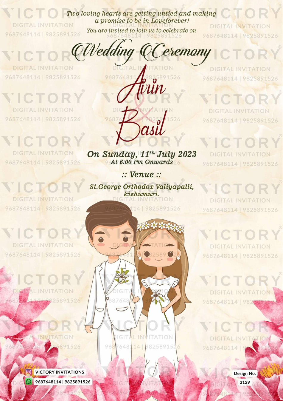 Wedding ceremony invitation card of hindu south indian malayali family in english language with floral theme design 3129