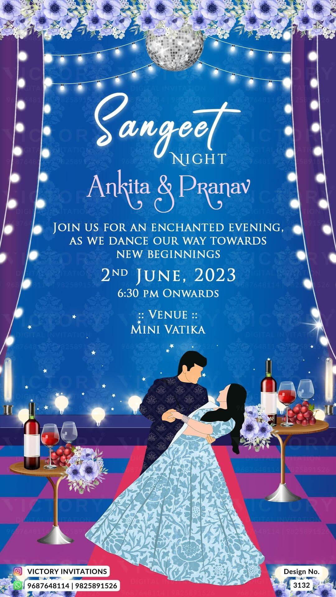 Sangeet Sandhya Ceremony invitation card in english language with couple doodle, flowers as night view theme design 3132