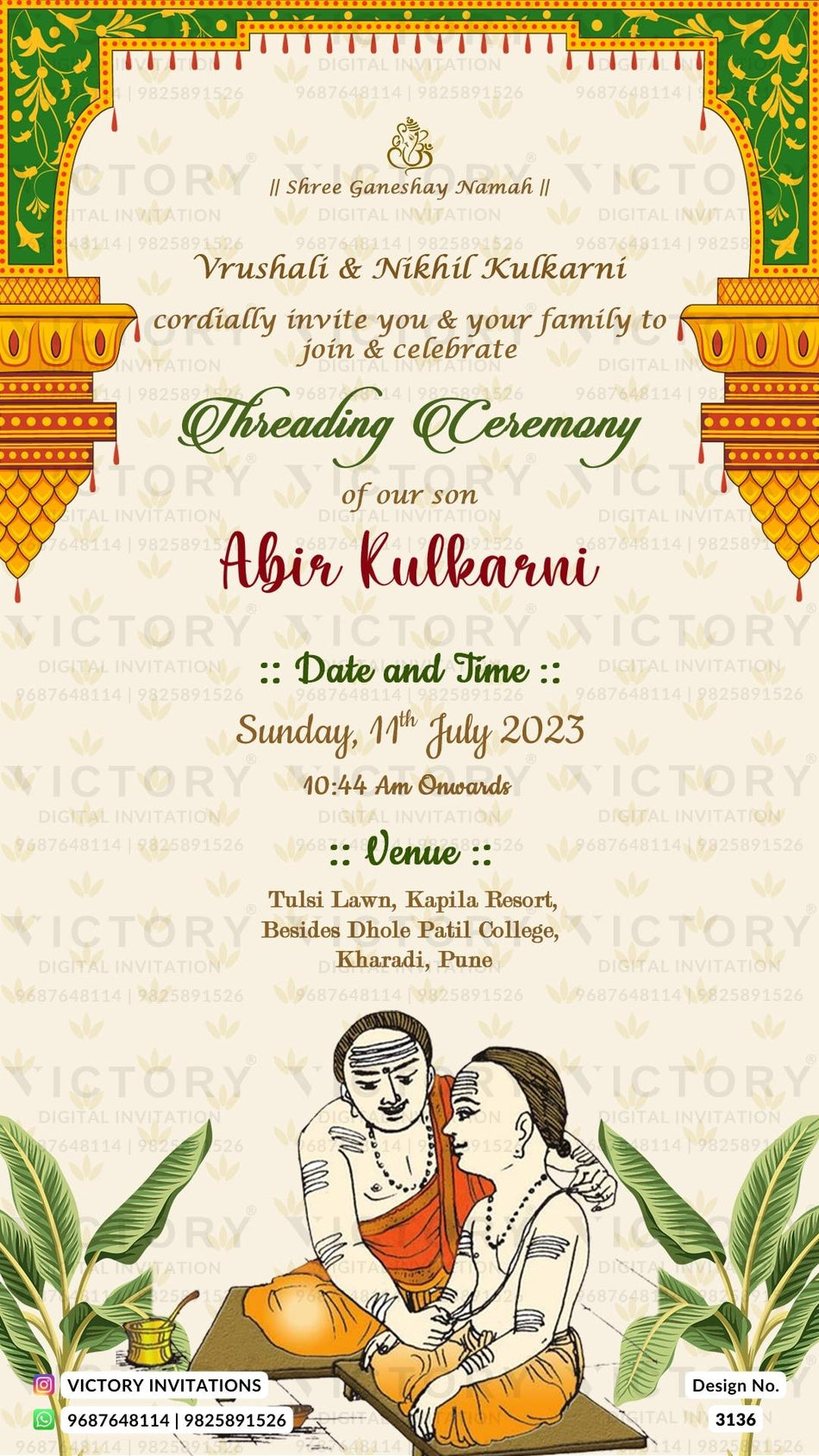 Thread ceremony invitation card in english language with doodle, leaves as traditional theme design 3136