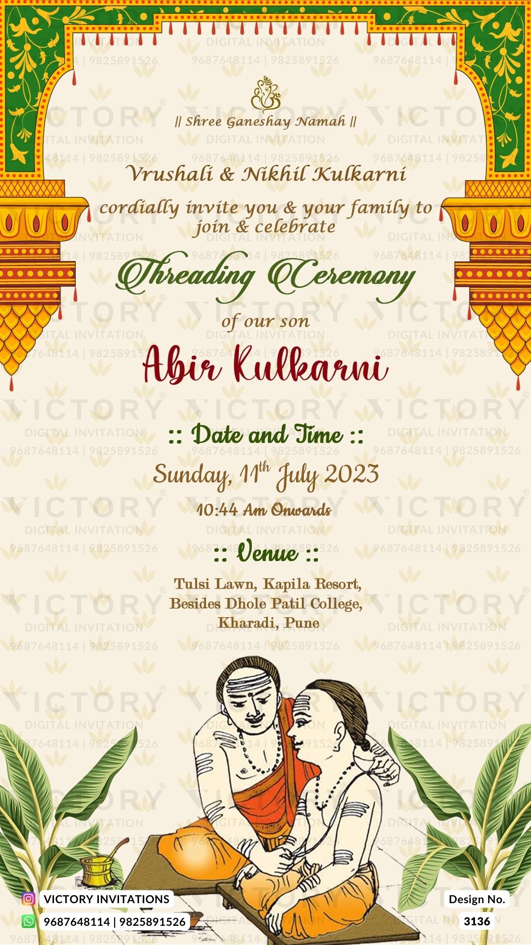 Thread ceremony invitation card in english language with doodle, leaves as traditional theme design 3136