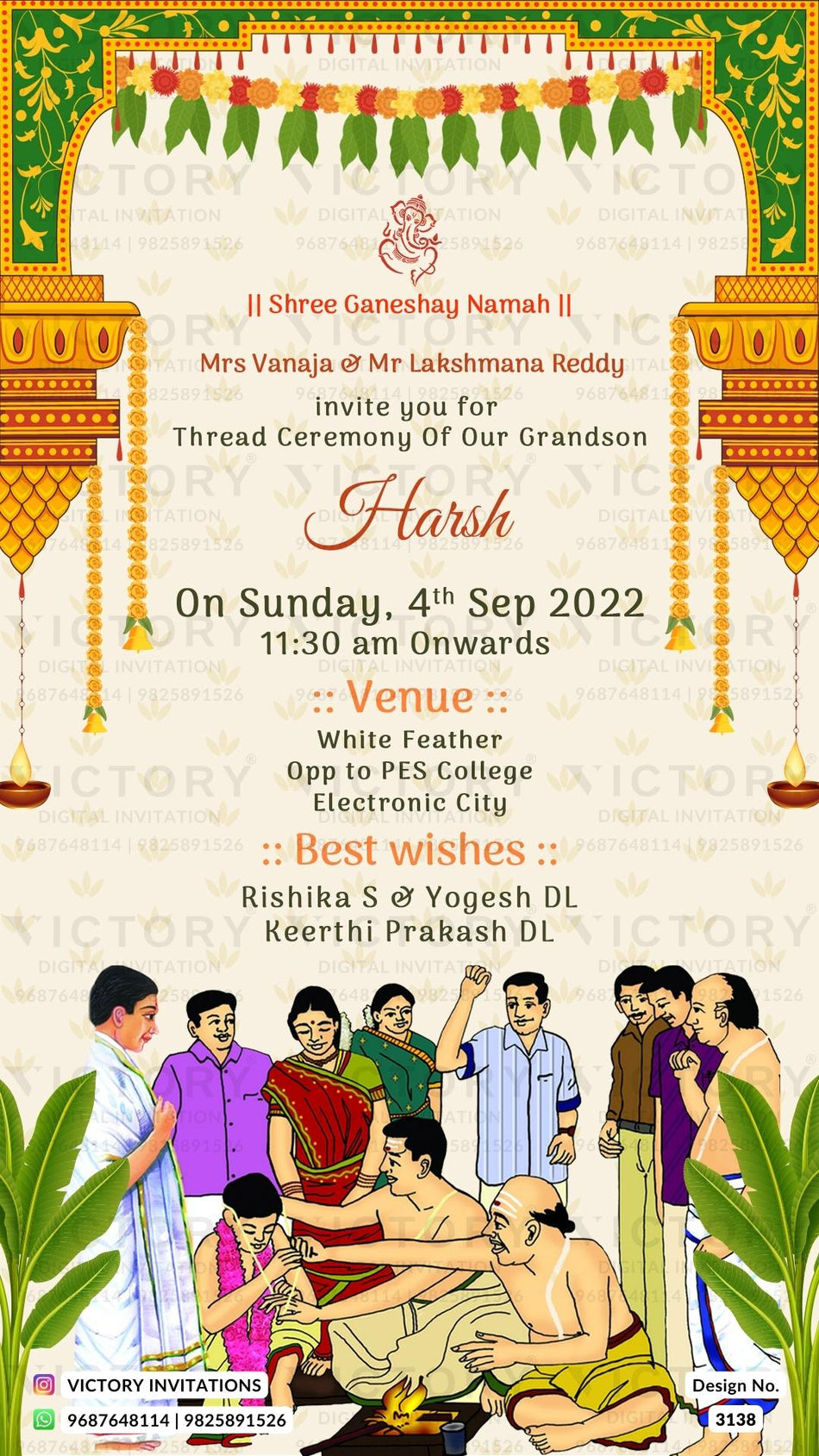 Thread ceremony invitation card in english language with doodle, leaves as traditional theme design 3138