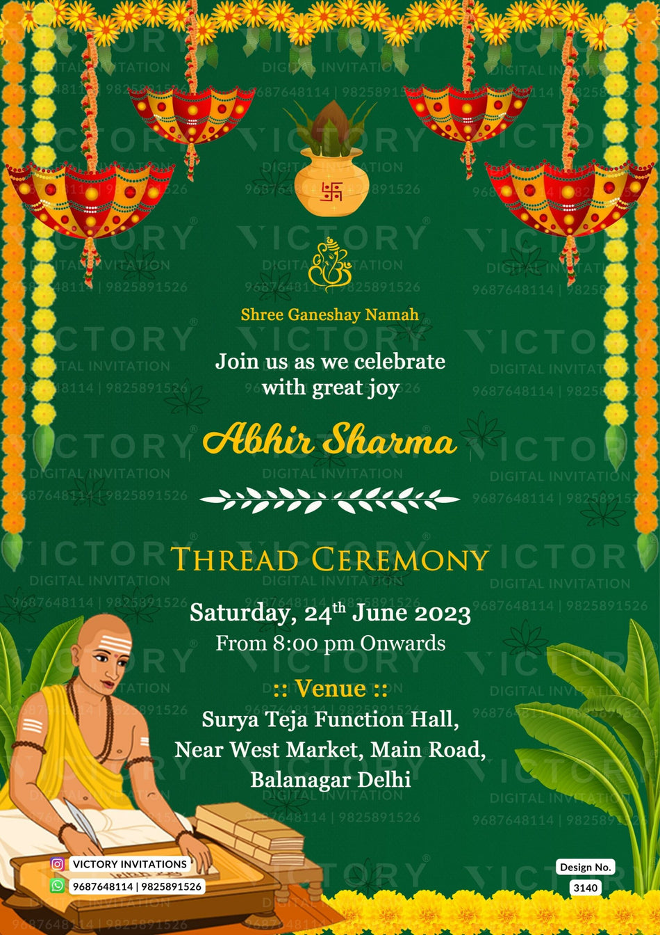 Thread ceremony invitation card in marathi language with doodle, garland as traditional theme design 3140