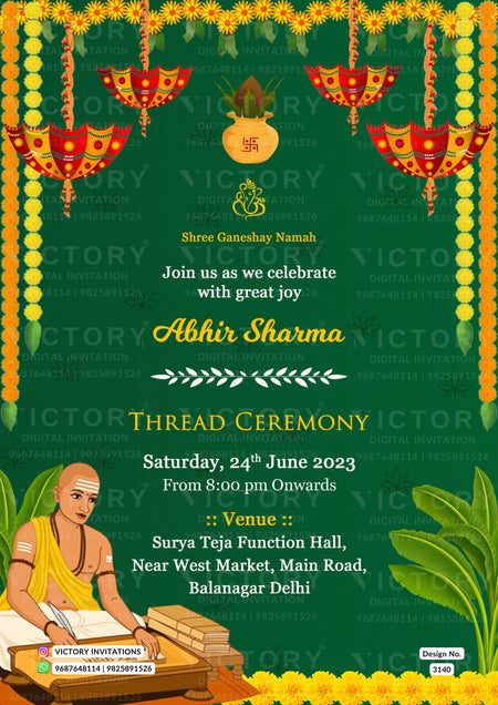Thread ceremony invitation card in marathi language with doodle, garland as traditional theme design 3140