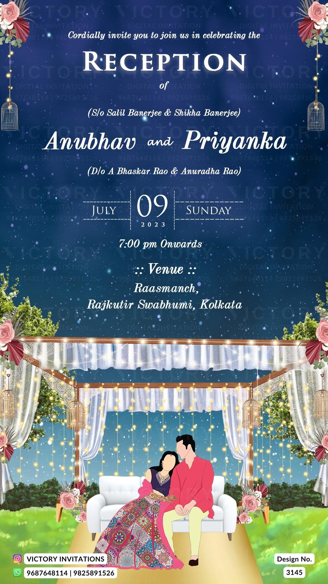 Reception Party invitation card in english language with romantic couple doodle, flowers as garden theme design 3145