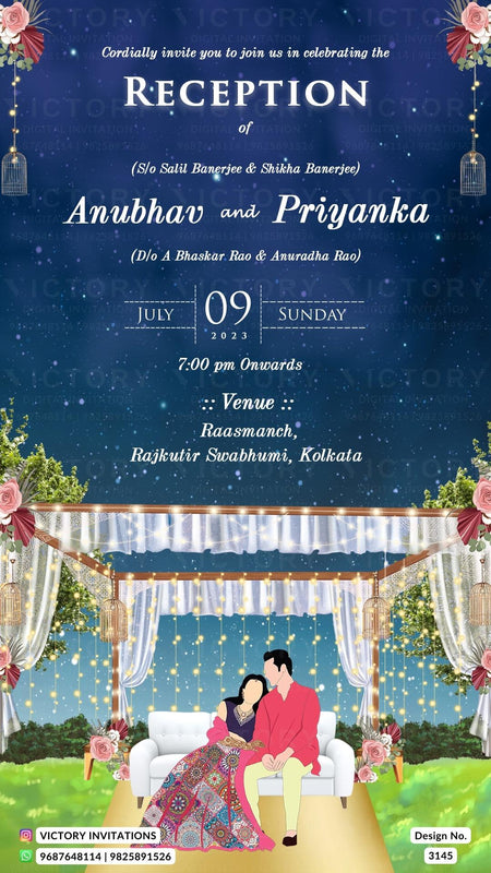 Reception Party invitation card in english language with romantic couple doodle, flowers as garden theme design 3145