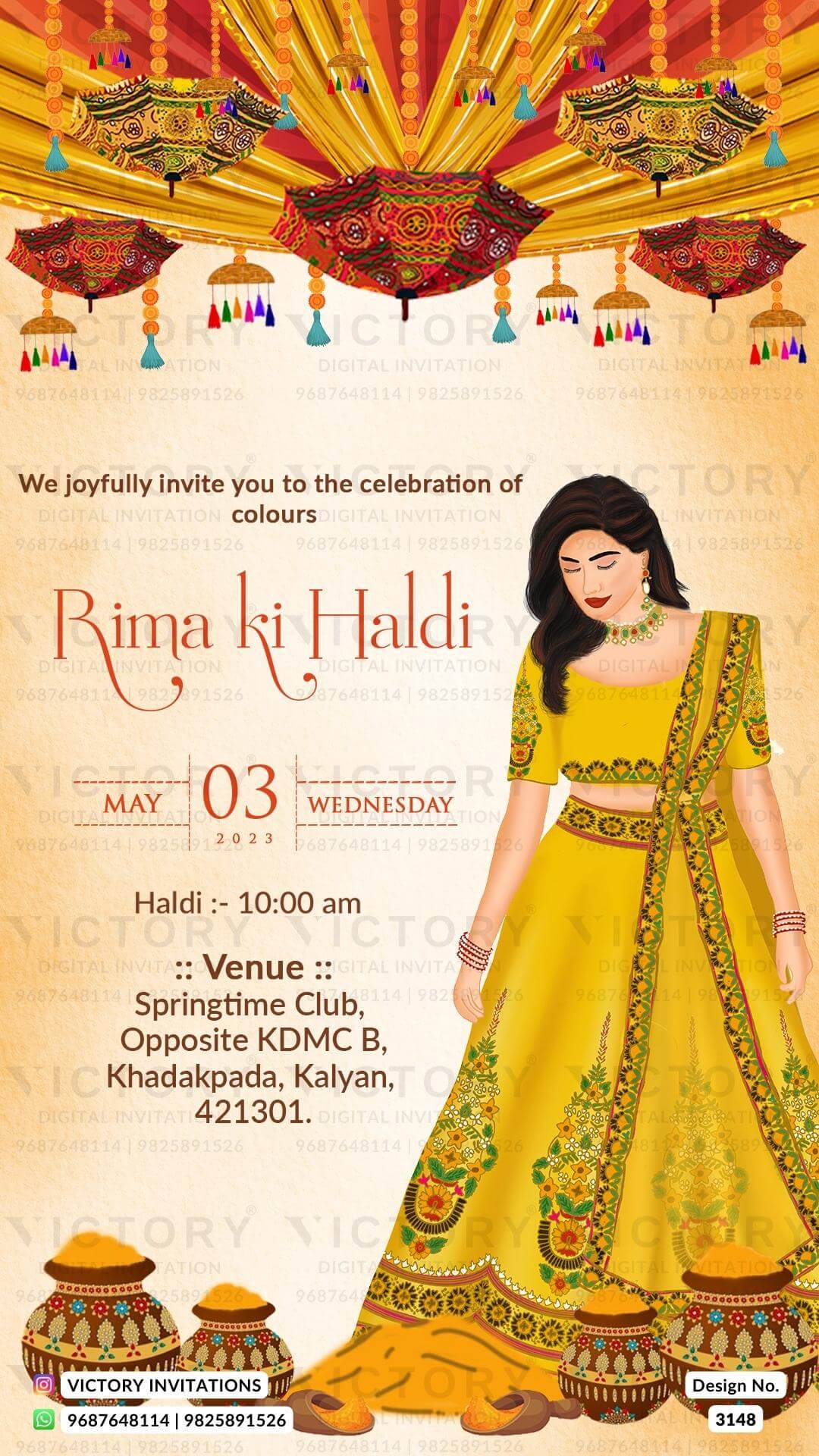 Haldi ceremony invitation card in english language with umbrella, flowers, pot as curtain theme design 3148