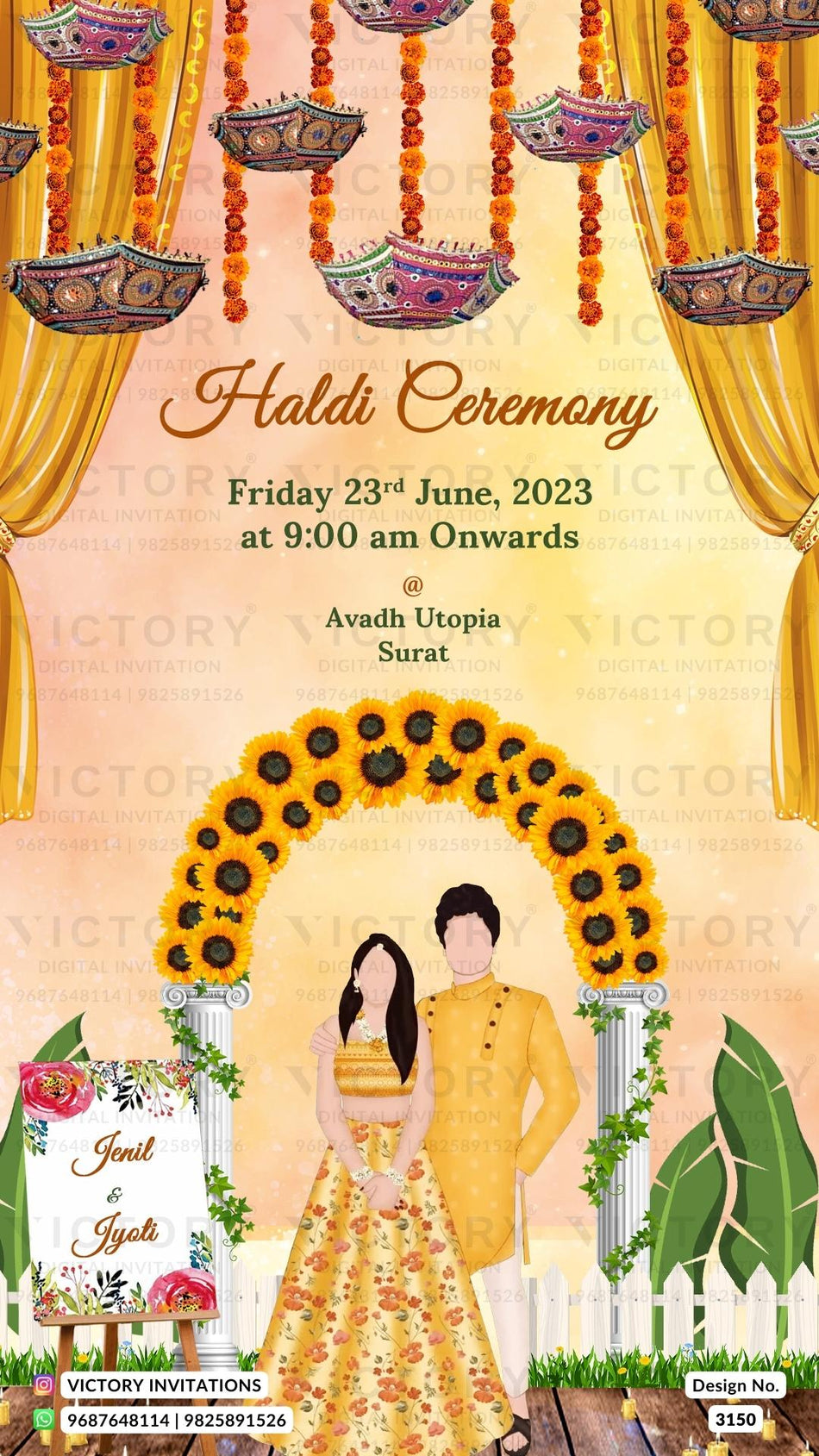 Haldi ceremony invitation card in english language with couple doodle, umbrella as traditional theme design 3150
