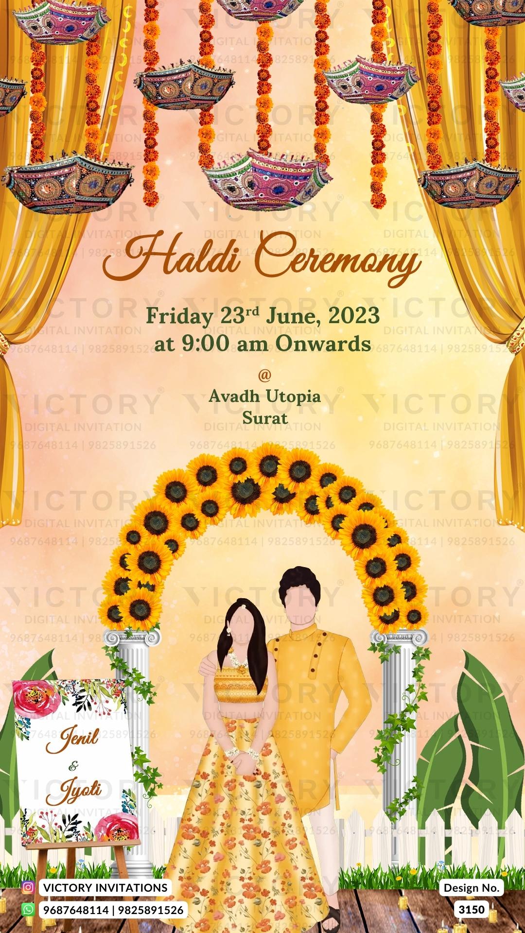 Haldi ceremony invitation card in english language with couple doodle, umbrella as traditional theme design 3150