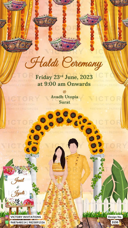 Haldi ceremony invitation card in english language with couple doodle, umbrella as traditional theme design 3150