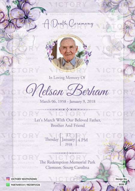 Funeral invitation card in english language with frame, flowers as floral theme design 3153