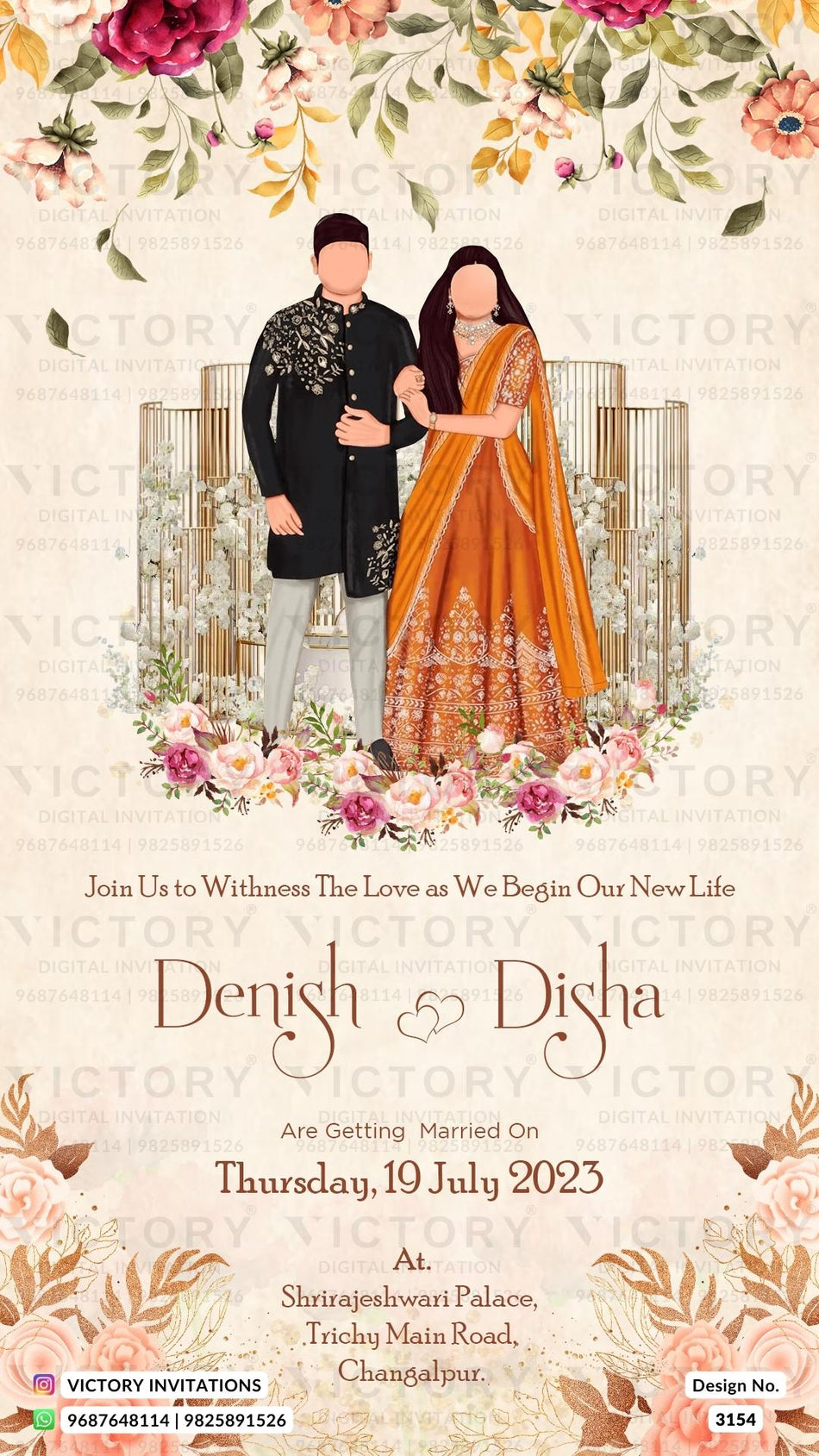 Wedding ceremony invitation card of hindu south indian tamil family in english language with artistic floral theme design 3154