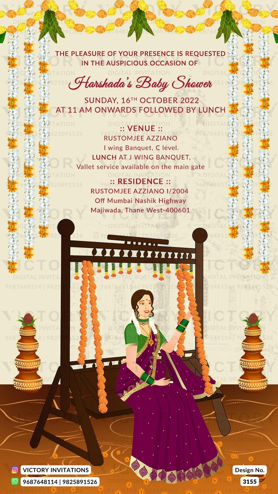 Baby Shower ceremony invitation card in english language with marigold flowers, girl doodle, swing as traditional theme design 3155