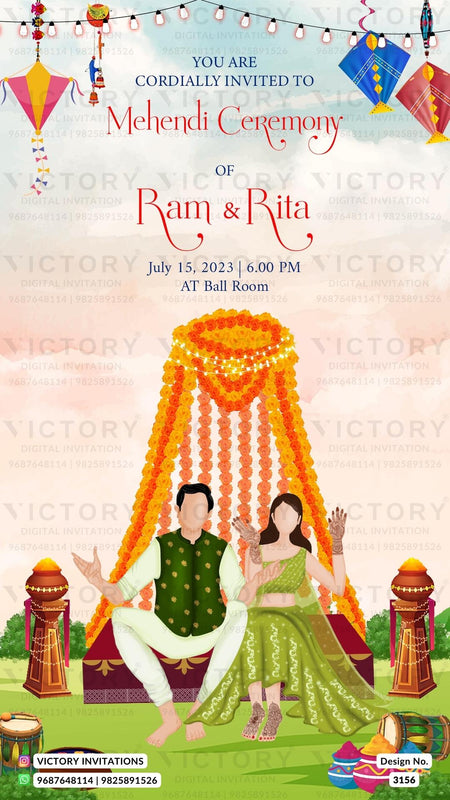 An Enchanting Journey through Baby Pink and Blue Clouds, Captivating Couple Doodles, Marigold Delights, and Majestic Kite Embellishments, Design no.3156