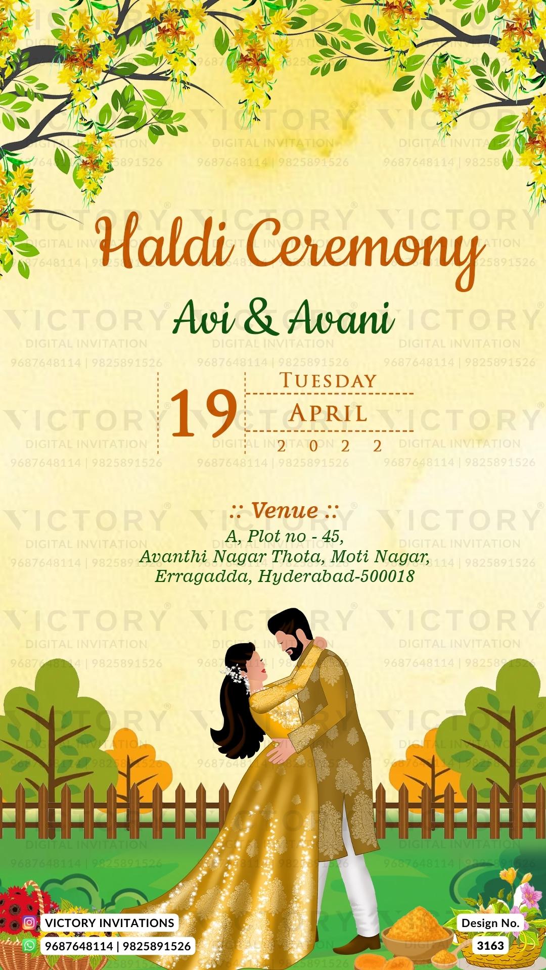 Haldi ceremony invitation card in english language with couple doodle, fence as garden theme design 3163