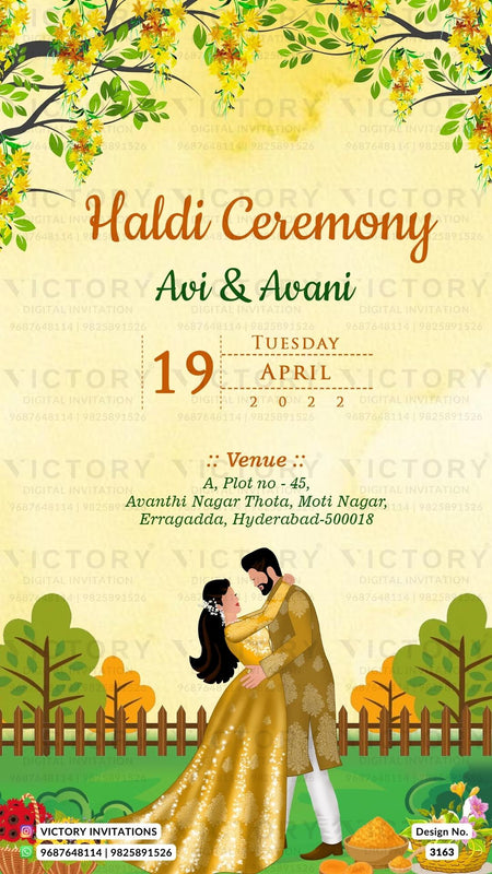 Haldi ceremony invitation card in english language with couple doodle, fence as garden theme design 3163