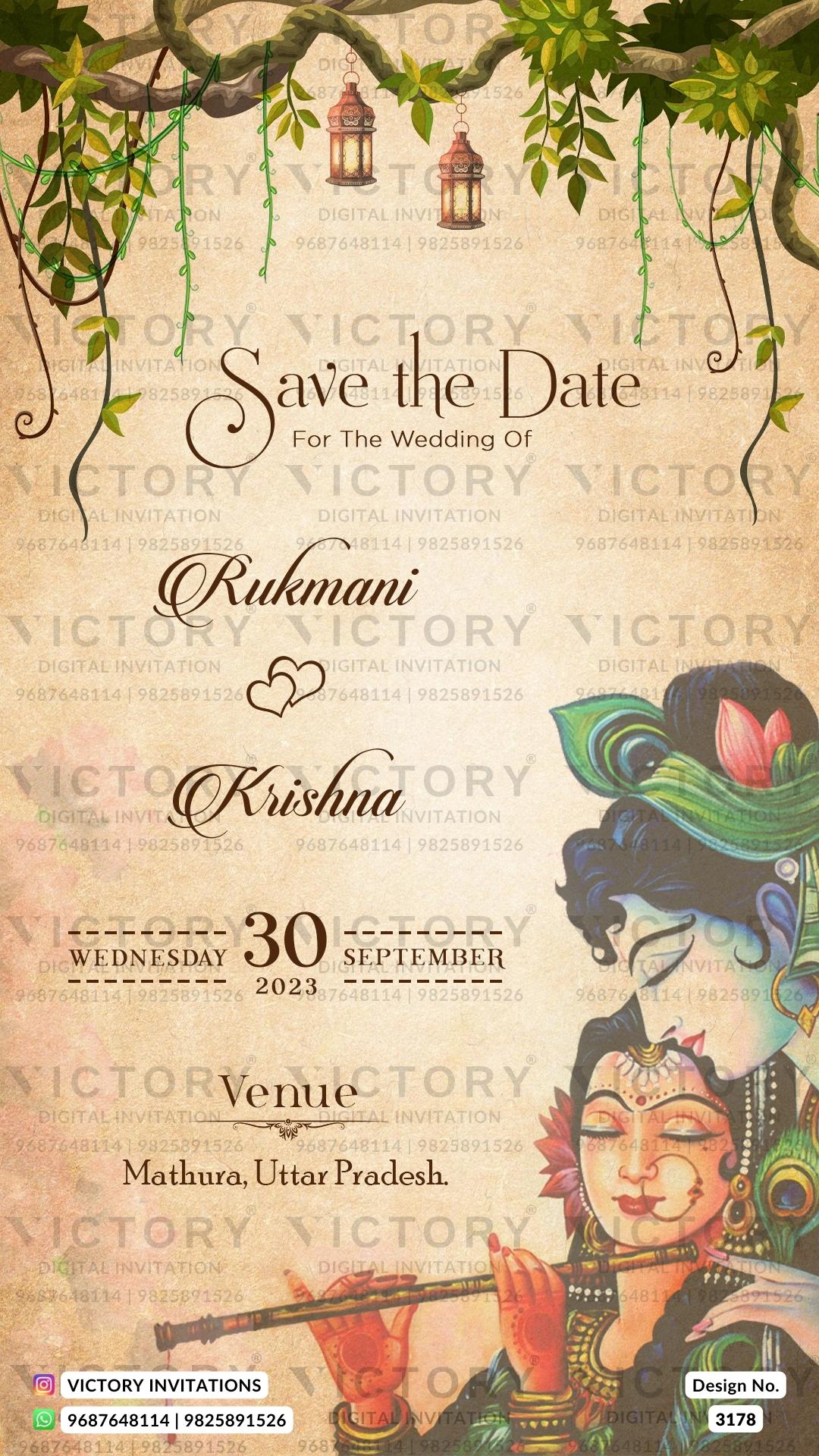 Save the Date card in english language with radha krishna theme design 3178