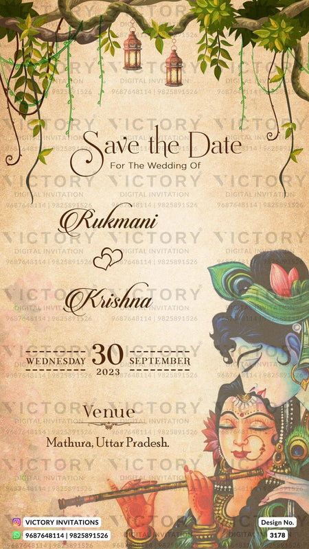 Save the Date card in english language with radha krishna theme design 3178