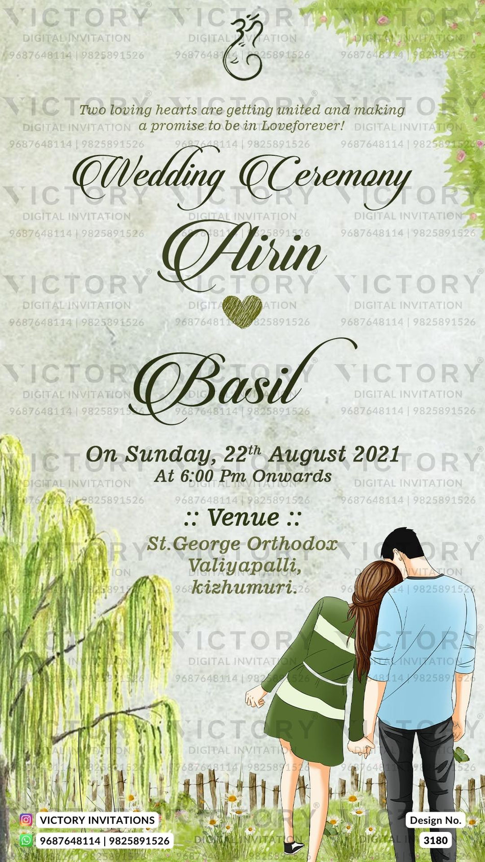 Wedding ceremony invitation card of hindu south indian malayali family in english language with garden theme design 3180