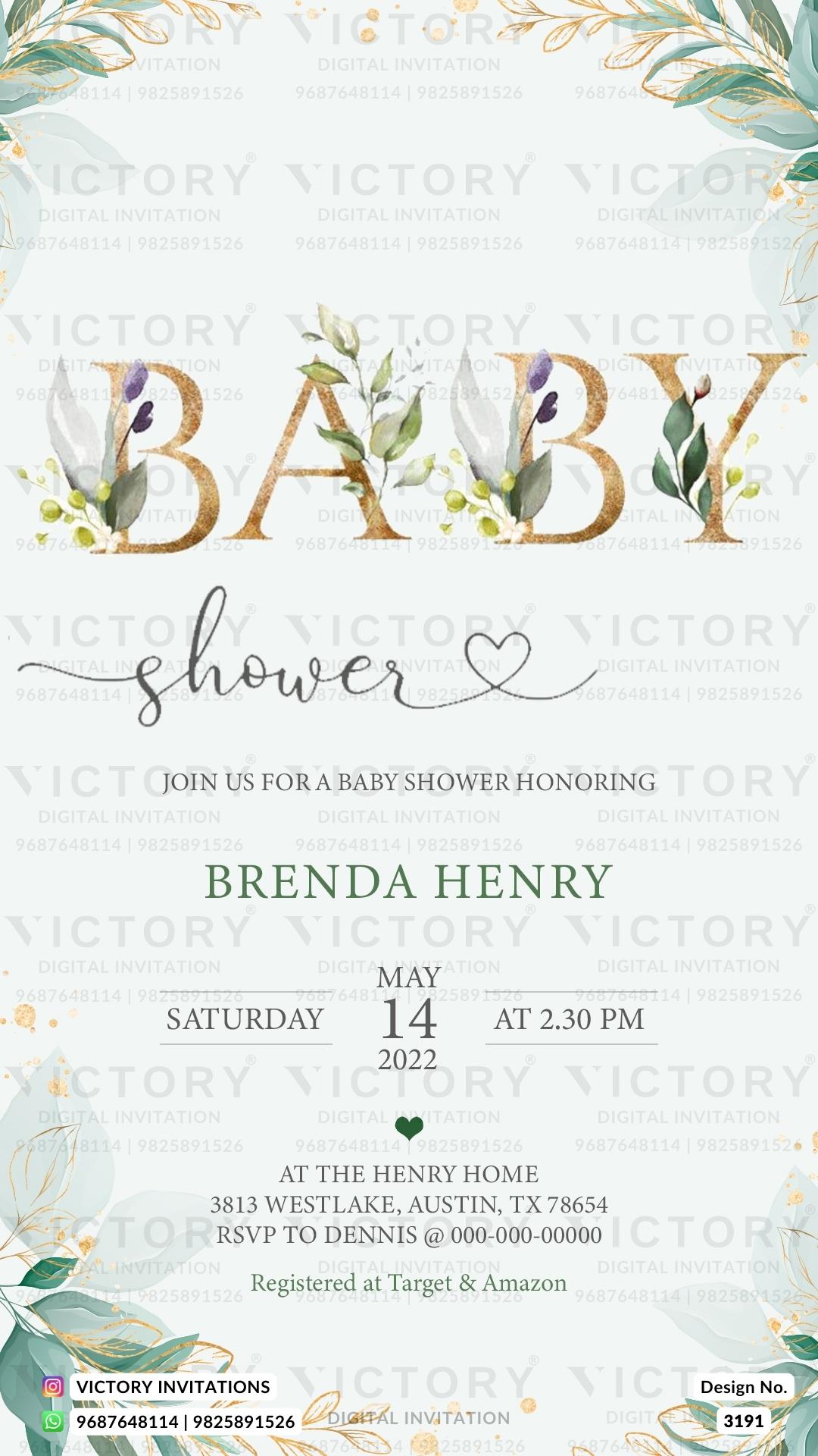 Baby Shower ceremony invitation card in english language with artistic leaves theme design 3191
