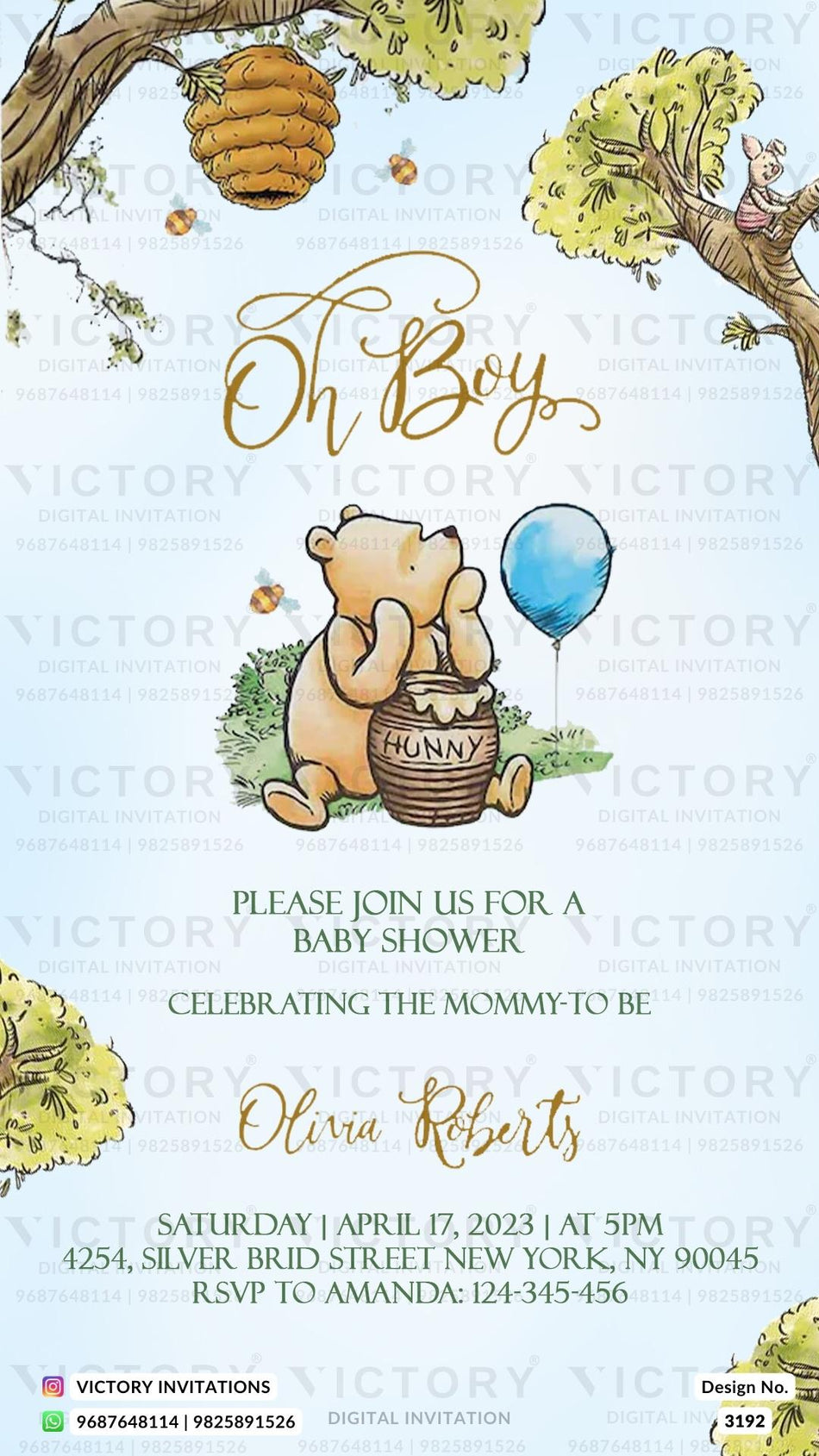 Baby Shower ceremony invitation card in english language with tree, teddy, balloon as playful theme design 3192