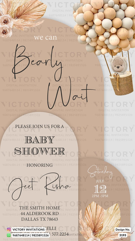 Baby Shower ceremony invitation card in english language with balloon, teddy, flowers as classic theme design 3193