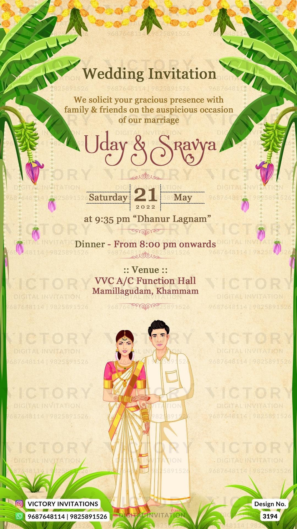 Wedding ceremony invitation card of hindu south indian telugu family in english language with floral theme design 3194