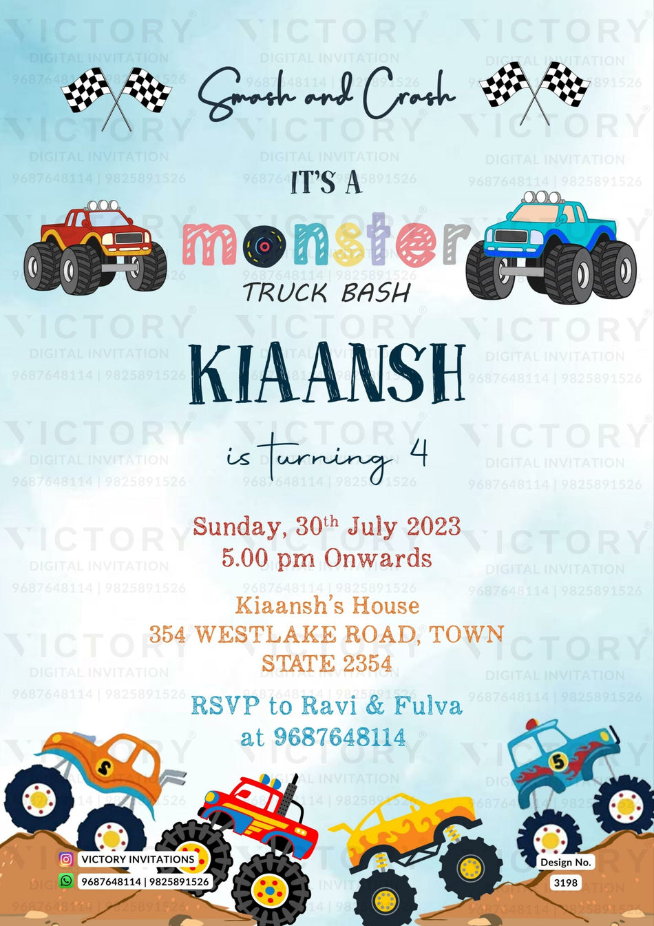 Birthday party invitation card for boy in English language with racing car theme design 3198