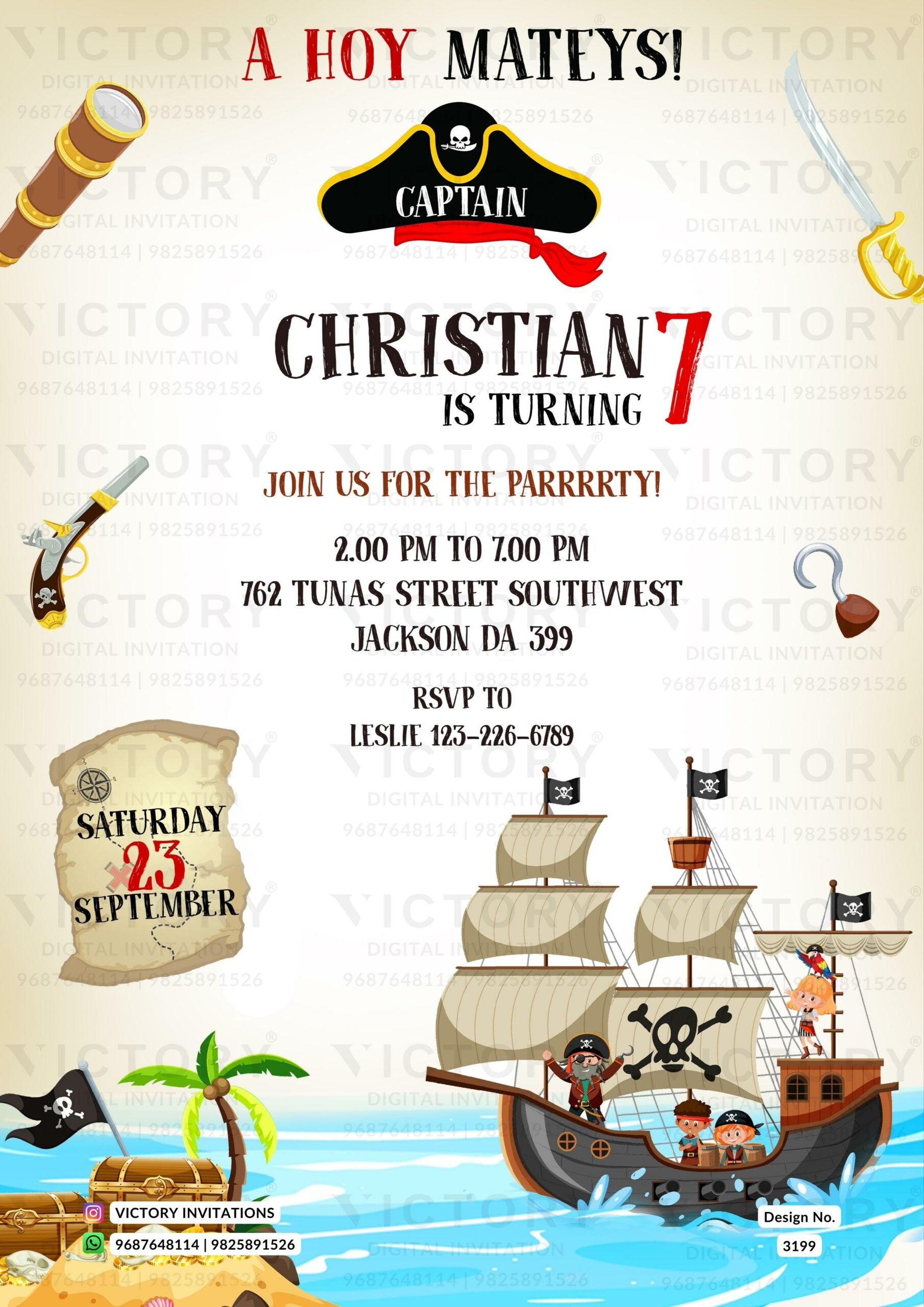 Birthday party invitation card in English language with navy theme design 3199