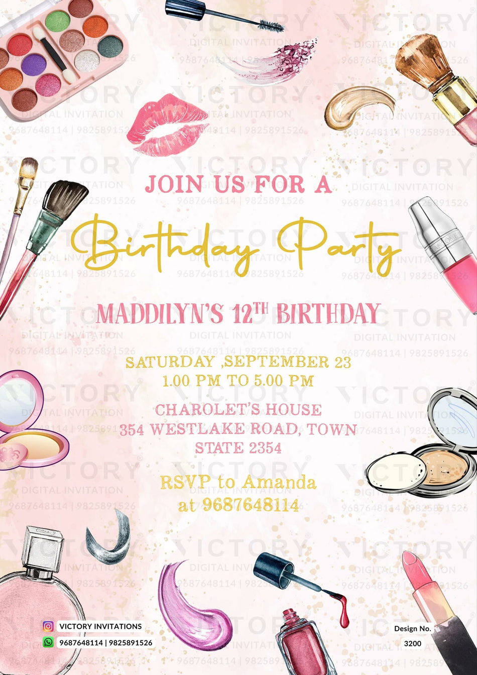 Birthday party invitation card for girl in English language with makeup theme design 3200