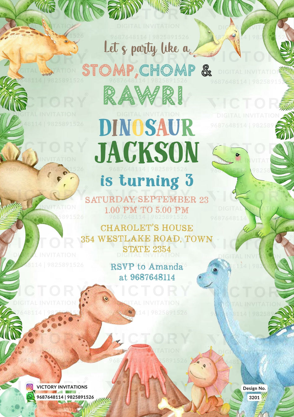 Birthday party invitation card for boy in English language with Dinosaur theme design 3201