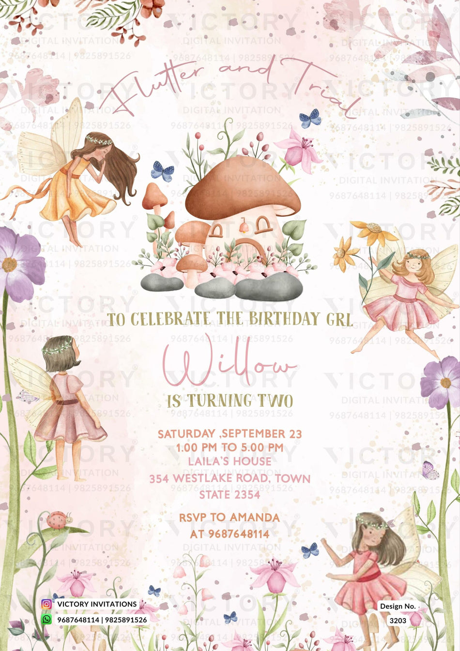 Birthday party invitation card for girl in English language with fairy theme design 3203