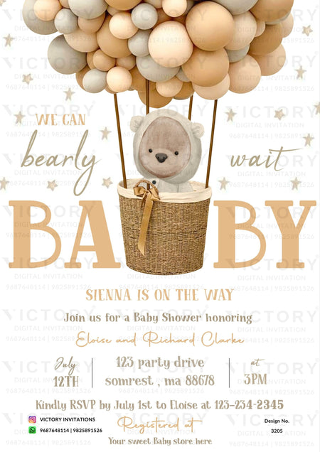 Baby Shower ceremony invitation card in english language with balloon, teddy, basket as cartoonish theme design 3205
