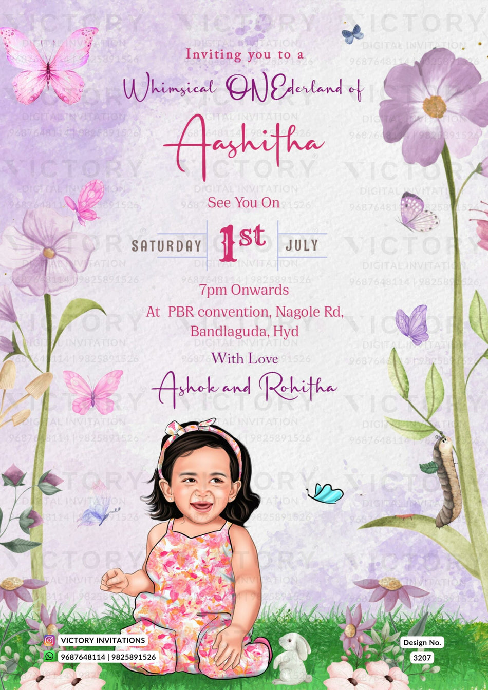 adorable baby caricature invitation card for Girl Birthday party in English language with butterfly theme design 3207