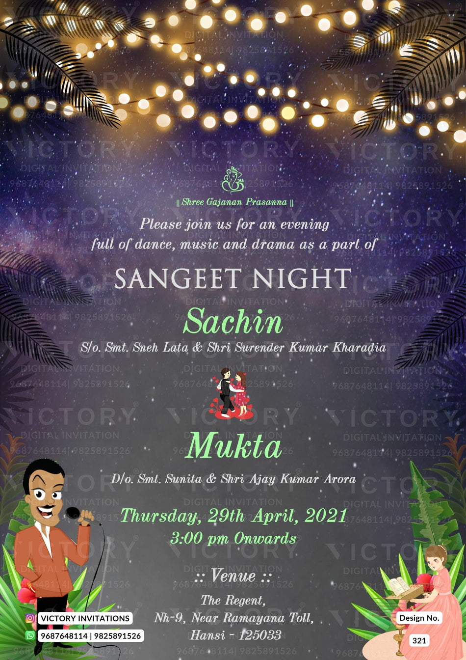 Sangeet Sandhya Ceremony invitation card in english language with string lights, leaves as night view theme design 321