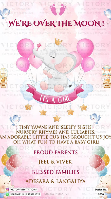 Baby Announcement invitation card in english language with elephant, birds as balloons theme design 3230