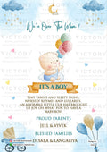 Baby Announcement invitation card in english language with balloons, baby doodle as playful theme design 3231