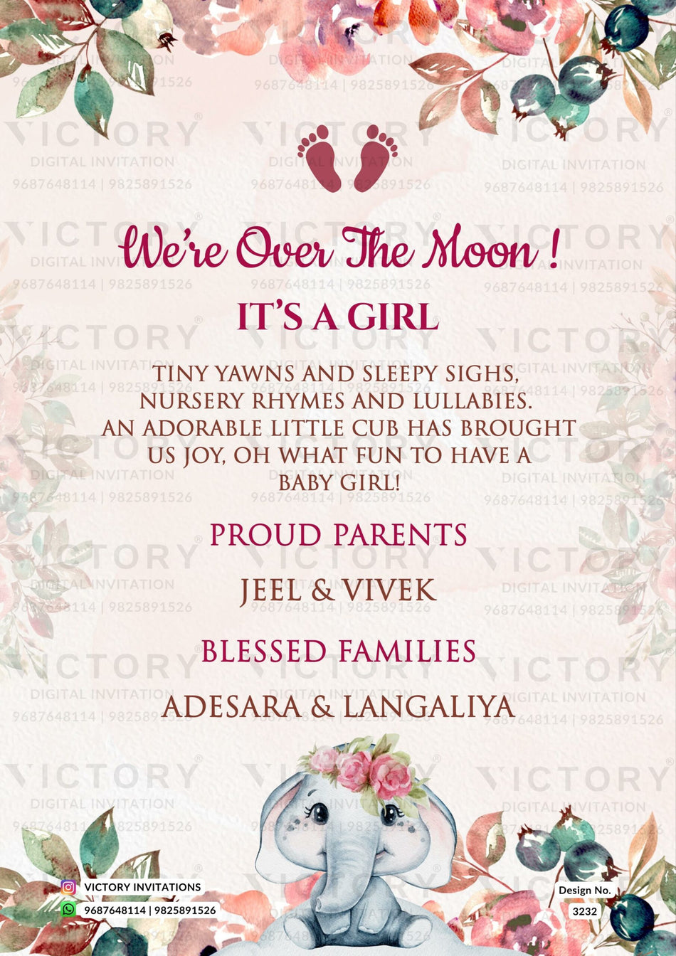 Baby Announcement invitation card in english language with elephant, flowers as floral theme design 3232