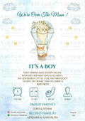 Baby Announcement invitation card in english language with hot air balloon, cloud as minimalistic theme design 3235