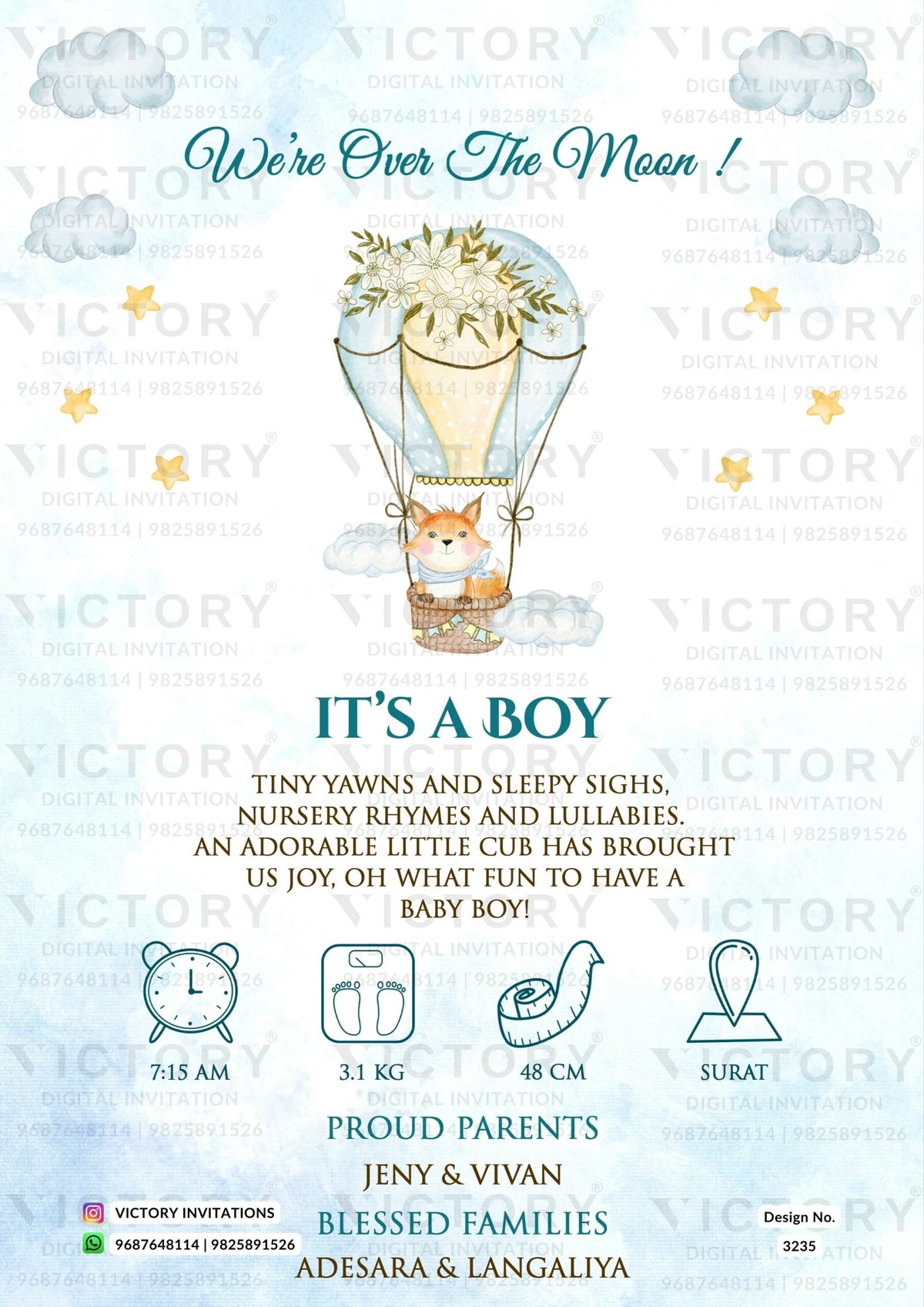Baby Announcement invitation card in english language with hot air balloon, cloud as minimalistic theme design 3235