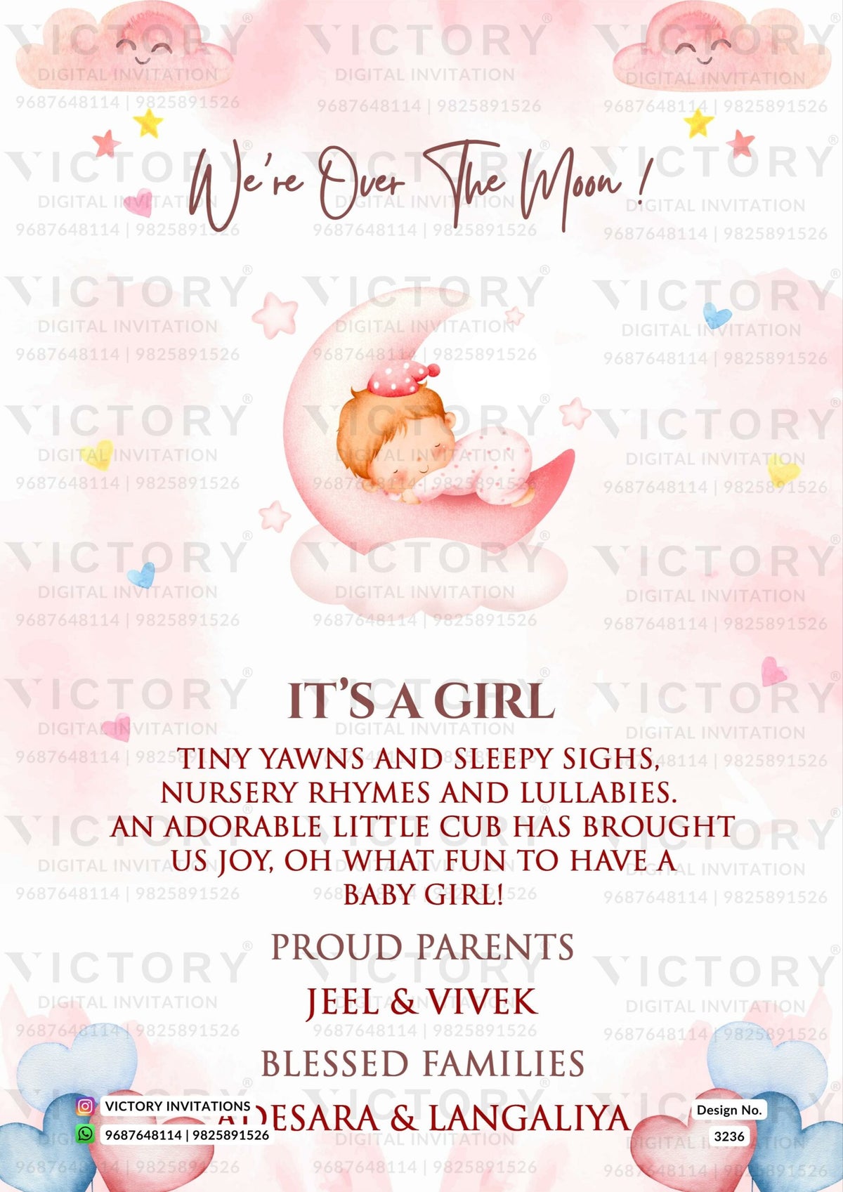 Baby Announcement invitation card in english language with moon, baby doodle as minimalistic theme design 3236