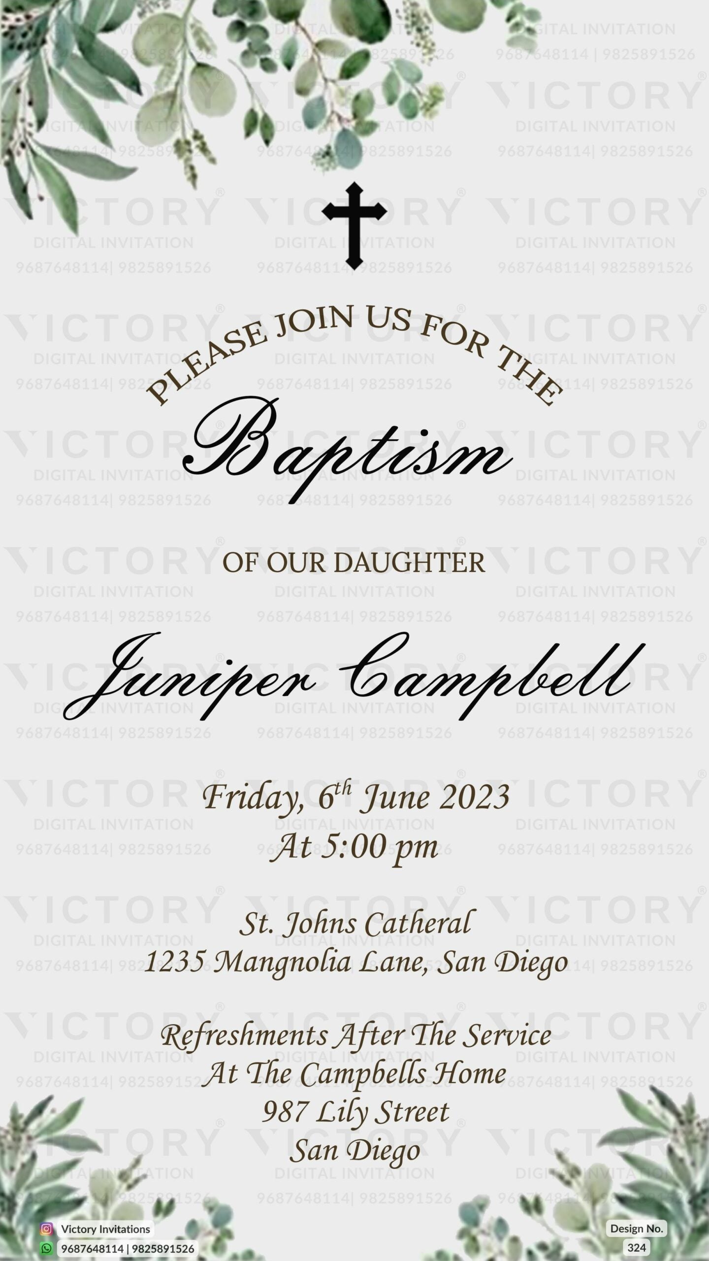 Baptism ceremony invitation card in english language with leaves as floral theme design 324