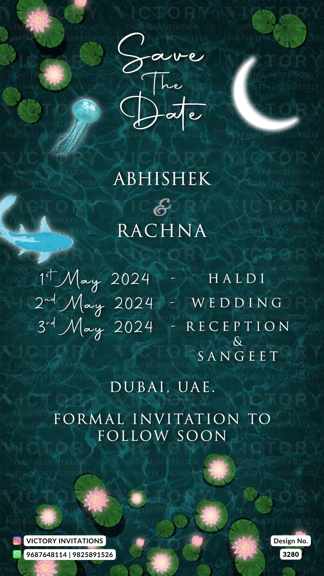 Save the Date card in english language with sea theme design 3280