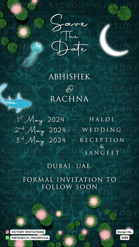 Save the Date card in english language with sea theme design 3280