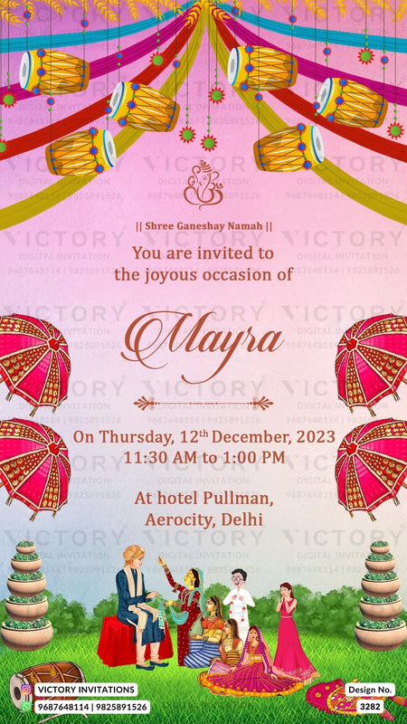 Mayra Ceremony invitation card in english language with drums, umbrella as traditional theme design 3282