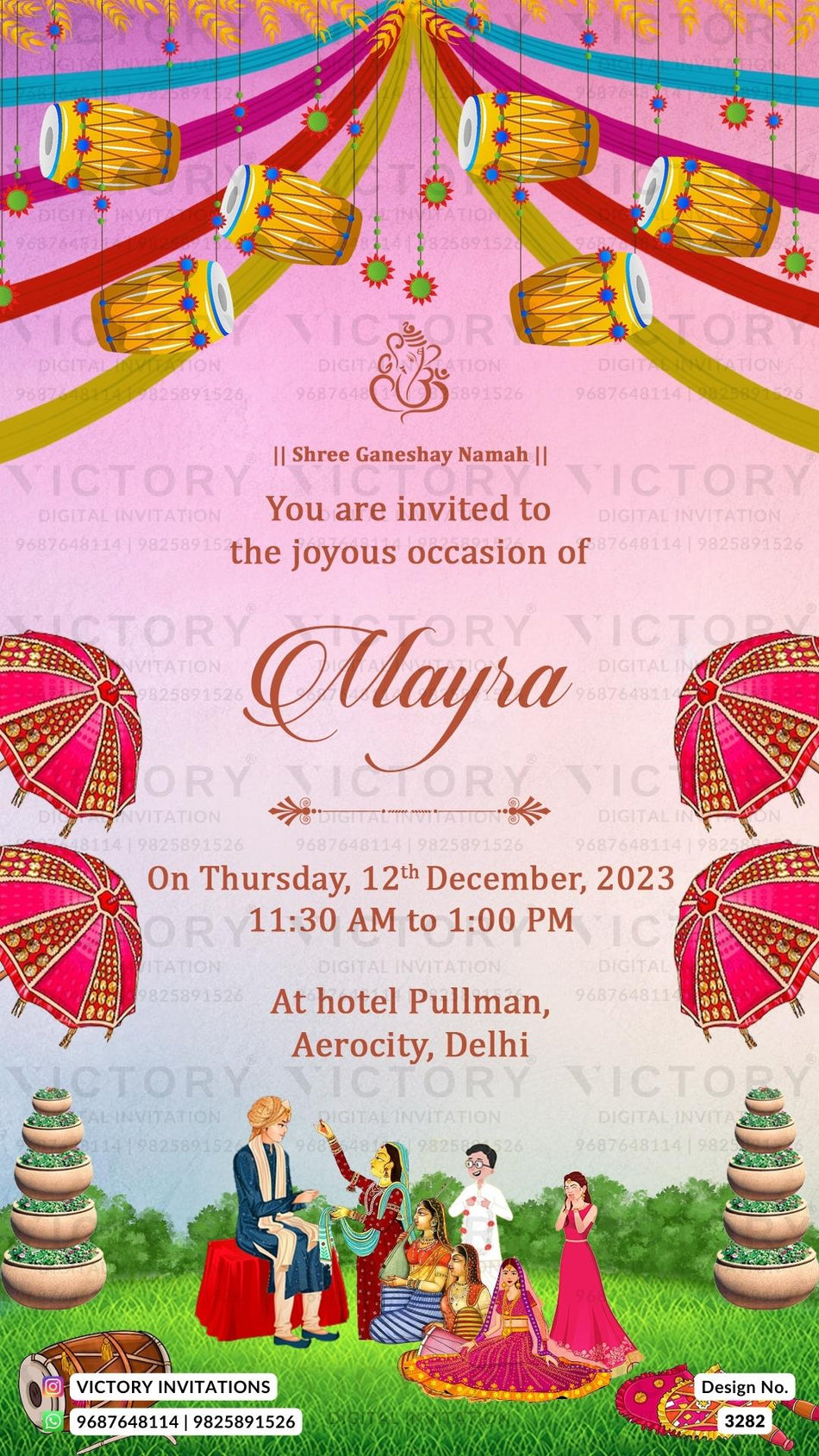 Mayra Ceremony invitation card in english language with drums, umbrella as traditional theme design 3282