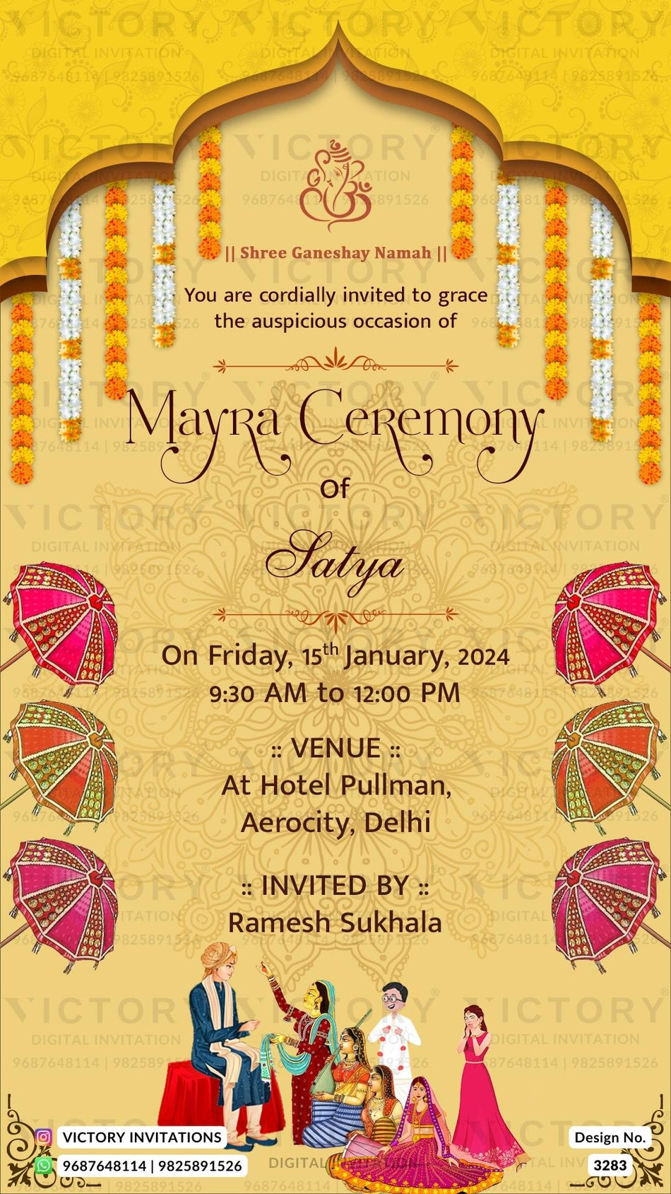 Mayra Ceremony invitation card in english language with mayra doodle, umbrella as arch theme design 3283