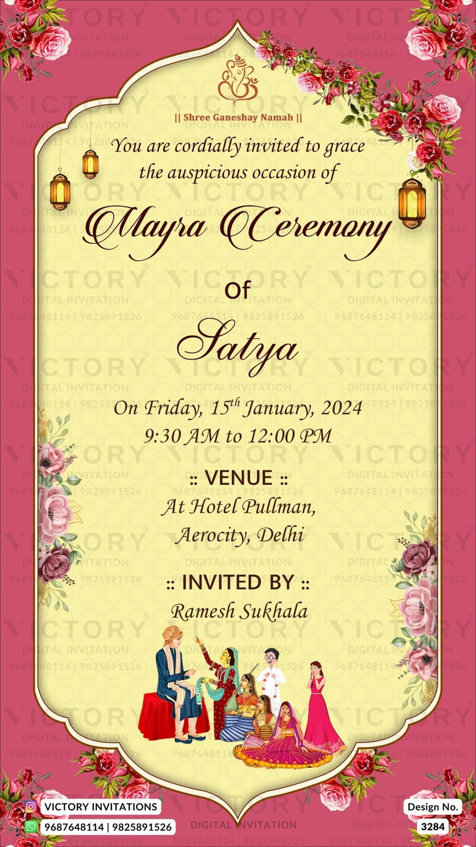 Mayra Ceremony invitation card in english language with flowers as arch frame theme design 3284