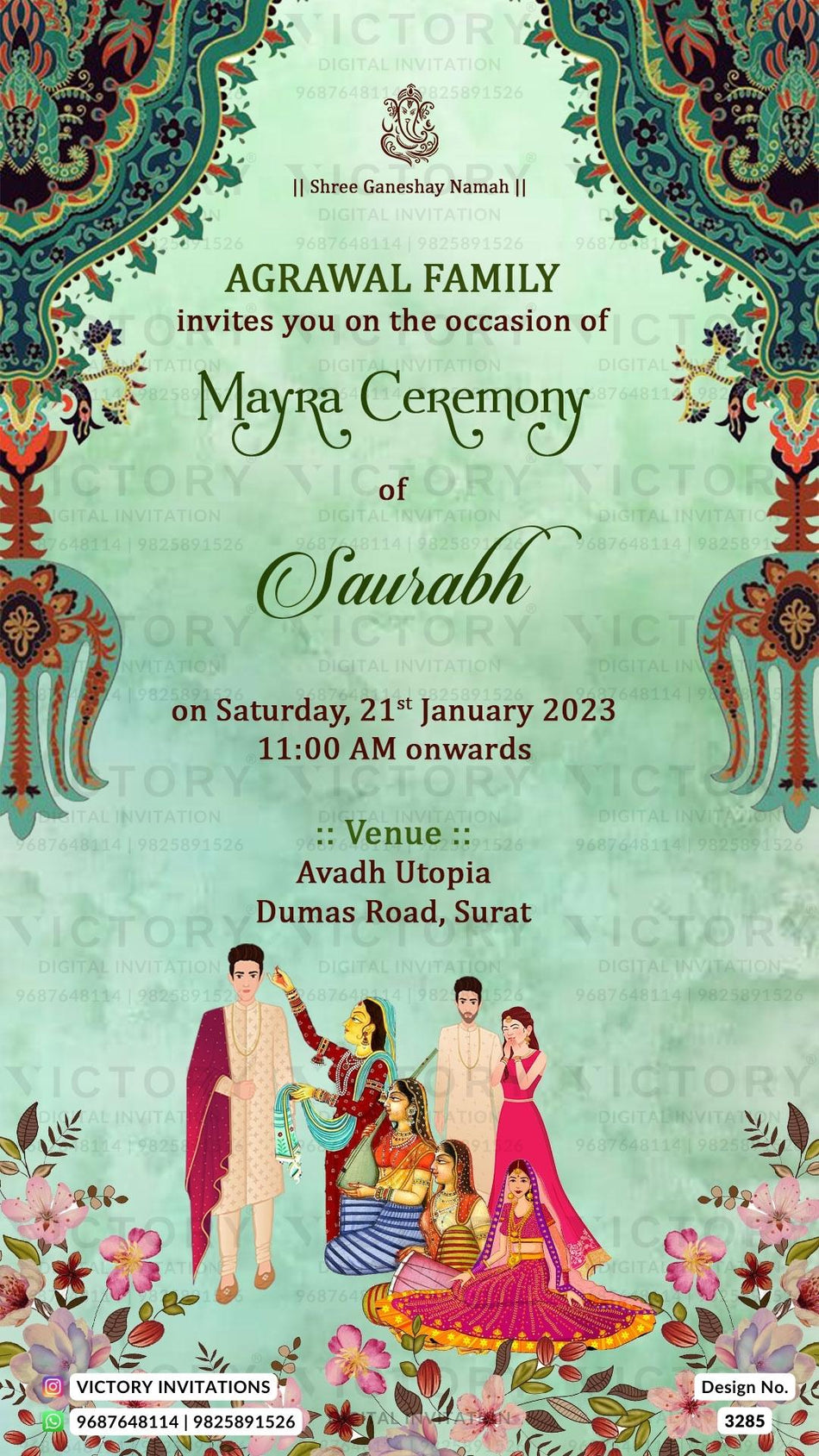 Mayra Ceremony invitation card in english language with mayra doodle as vintage theme design 3285