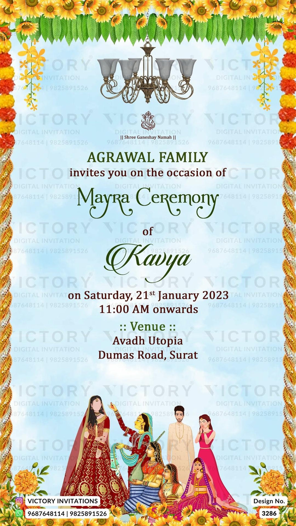 Mayra Ceremony invitation card in english language with flowers, mayra doodle as floral theme design 3286